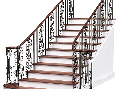 Elegant Stairs With Wooden Steps And Wrought Iron Railings Classic Interior Design 3d model