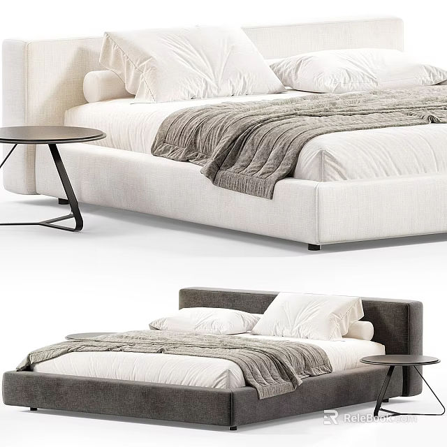 Modern Double Bed in White and Gray with Pillows Blanket and Side Table 3d model 