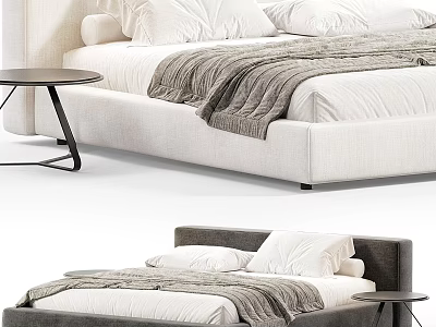 Modern Double Bed in White and Gray with Pillows Blanket and Side Table 3d model