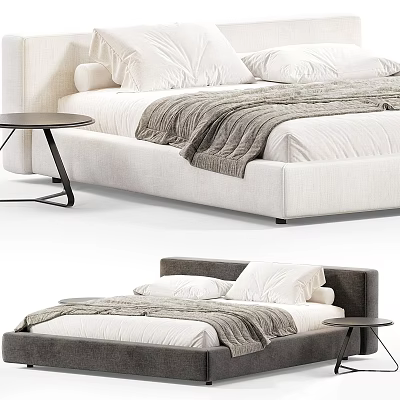 Modern Double Bed in White and Gray with Pillows Blanket and Side Table 3d model