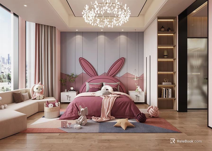 Cozy Kids Bedroom Interior With Rabbit Ear Headboard Pink Bedding Stuffed Toys And Chandelier 3d model 