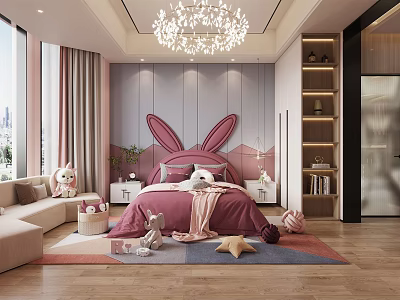 Cozy Kids Bedroom Interior With Rabbit Ear Headboard Pink Bedding Stuffed Toys And Chandelier 3d model