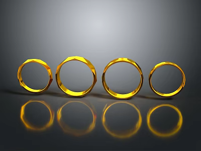 Four Shiny Gold Rings Arranged On Black Background With Reflections 3d model