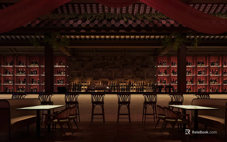 Warm Lit Bar Interior With Traditional Design Wine Racks And Stools 3d model 