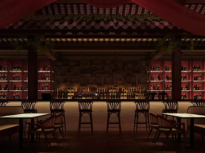 Warm Lit Bar Interior With Traditional Design Wine Racks And Stools 3d model