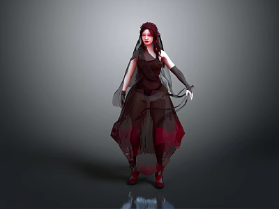 Female Character With Red Hair Veil Crimson Black Outfit Gauzy Skirt Red Boots Gray Background 3d model