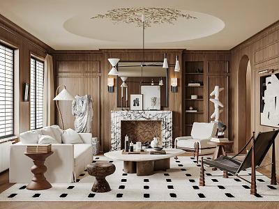Elegant Living Room Interior Featuring Wooden Walls Marble Fireplace White Sofa And Decorative Rug 3d model