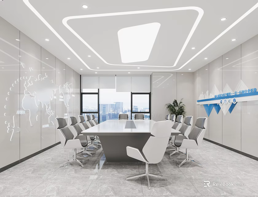 Modern Conference Room Interior With Long Table White Gray Chairs World Map Decor And Windows 3d model 