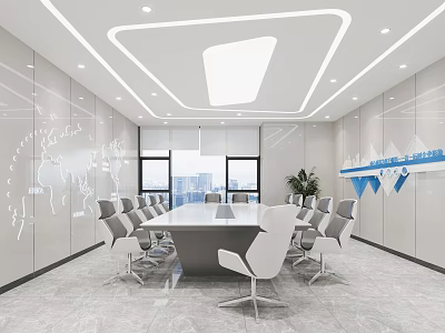 Modern Conference Room Interior With Long Table White Gray Chairs World Map Decor And Windows 3d model