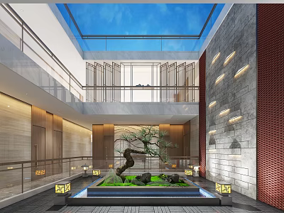 Modern Indoor Atrium With Glass Skylight Blue Sky Double Story Landscape Tree And Water Pool 3d model