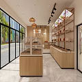Modern Mall Pastry Shop Interior With Glass Display Cases Wooden Shelves And Pendant Lights