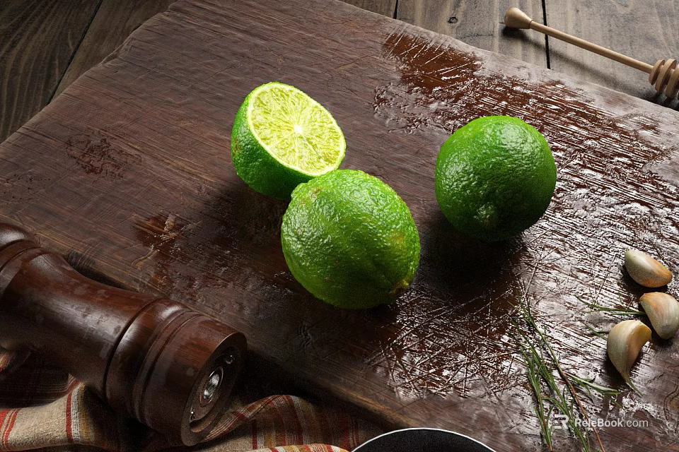 Fresh Ripe Juicy Limes on Wooden Board with Pepper Grinder Garlic and Herbs 3d model 