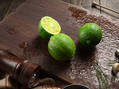 Fresh Ripe Juicy Limes on Wooden Board with Pepper Grinder Garlic and Herbs 3d model