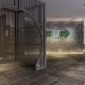 Elevator Hallway With Modern Design Metal Grille Marble Wall Warm Yellow Lighting And Green Plants