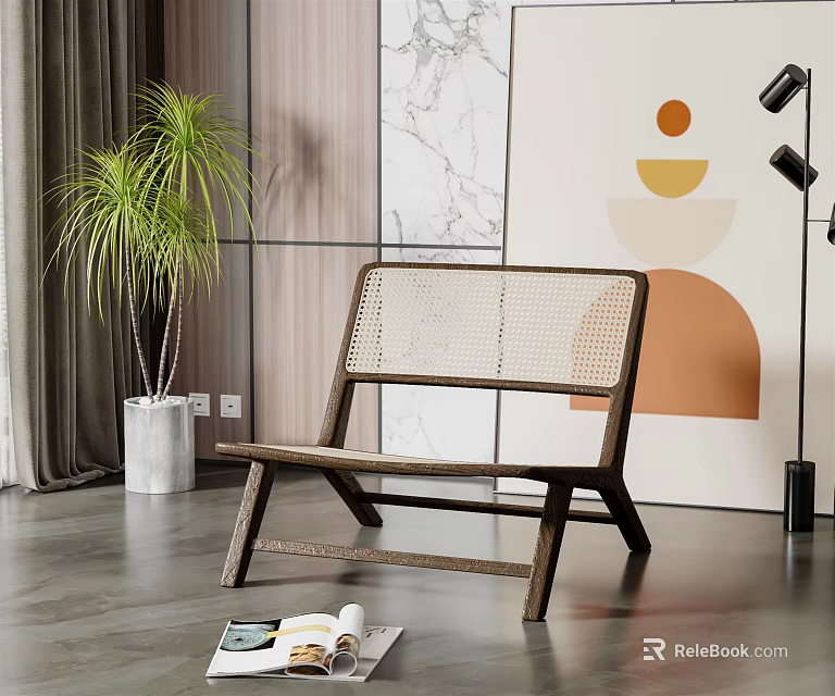 Wooden Frame Woven Rattan Leisure Chair Interior With Green Plant Floor Lamp Geometric Wall Art 3d model 