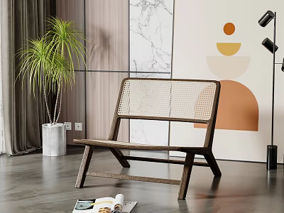 Wooden Frame Woven Rattan Leisure Chair Interior With Green Plant Floor Lamp Geometric Wall Art 3d model