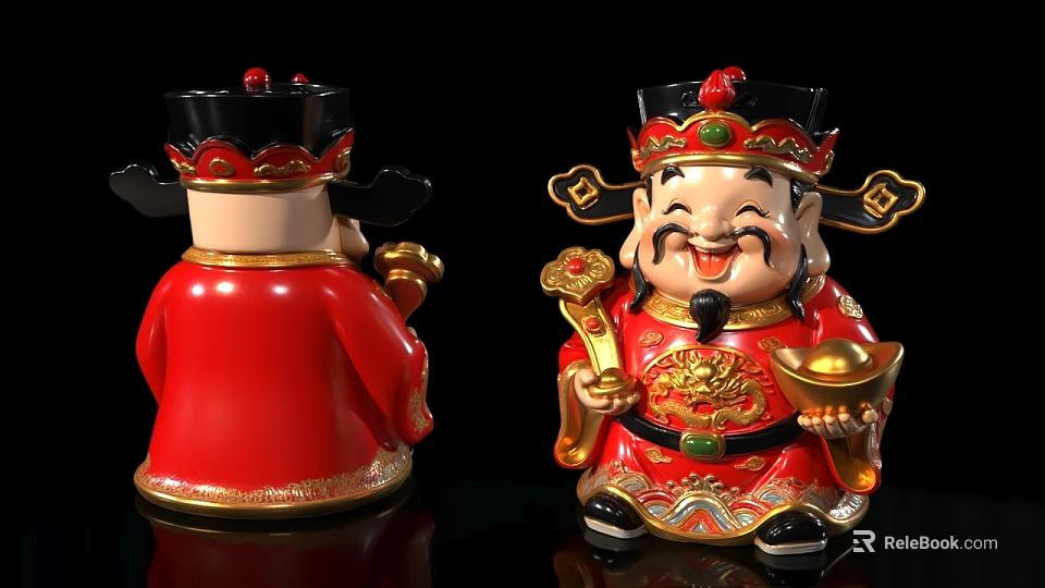 Chinese God of Wealth Statues Red Gold Decorative Front Back Views with Gold Ingot Ruyi 3d model 