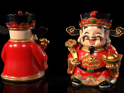 Chinese God of Wealth Statues Red Gold Decorative Front Back Views with Gold Ingot Ruyi 3d model