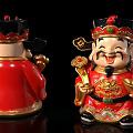 Chinese God of Wealth Statues Red Gold Decorative Front Back Views with Gold Ingot Ruyi