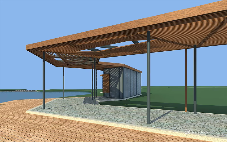 Wooden Pergola With Lattice Roof Black Columns And Waterfront Stone Pavement 3d model 