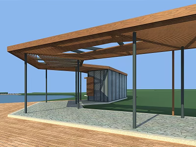 Wooden Pergola With Lattice Roof Black Columns And Waterfront Stone Pavement 3d model