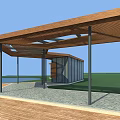 Wooden Pergola With Lattice Roof Black Columns And Waterfront Stone Pavement