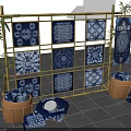 Blue and White Batik Cloths Display on Bamboo Frame With Various Patterns and Baskets 3d model