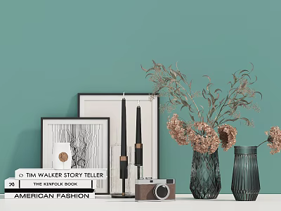 Decorative Ornament Set Featuring Picture Frames Candle Holder Vintage Camera Vases With Dried Flowers 3d model