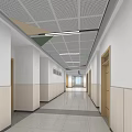 School Hall with White Floor Tiles Colorful Geometric Ceiling Wooden Lockers and Large Windows