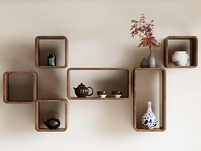 Wall Mounted Wooden Shelves With Teapot Vases And Potted Plant For Minimalist Home Decor 3d model