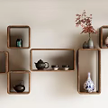 Wall Mounted Wooden Shelves With Teapot Vases And Potted Plant For Minimalist Home Decor