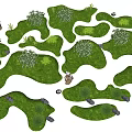 Artistic Garden Ornaments With Curved Green Lawns Small White Flowers And Stone Decorations