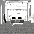 Modern Public Office Space Interior With Geometric Pendant Lights Long Desk Computers And Chairs