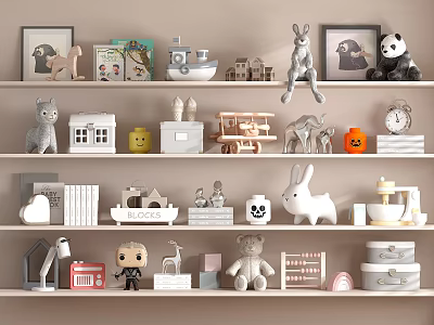 Charming Decorative Figurine Collection With Animal Models Small House Airplane Clock And Books On Shelves 3d model