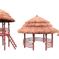 Garden Landscape With Various Thatched Pavilions Red Brown Frames And Circular Bases 3d model