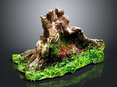 Natural Wooden Root Decorative Piece With Moss Green Plants And Smooth Stone Base 3d model