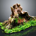Natural Wooden Root Decorative Piece With Moss Green Plants And Smooth Stone Base