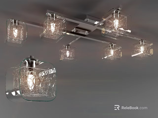 Modern Ceiling Hanging Chandelier With Illuminated Transparent Square Glass Shades And Metal Frame 3d model 