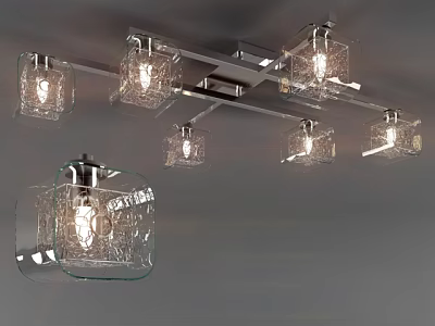 Modern Ceiling Hanging Chandelier With Illuminated Transparent Square Glass Shades And Metal Frame 3d model