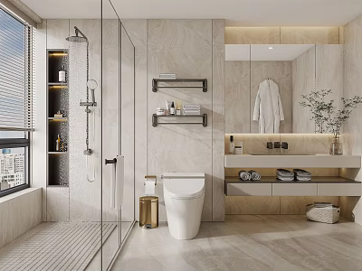 Modern Bathroom Interior With Glass Shower Wall Mounted Toilet Marble Walls And Large Mirror 3d model