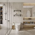 Modern Bathroom Interior With Glass Shower Wall Mounted Toilet Marble Walls And Large Mirror