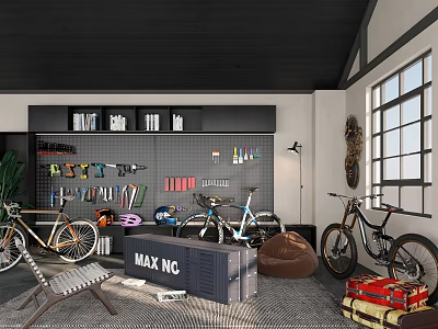 Industrial Garage Style Indoor Space With Bicycles Bookshelves Tools Suitcases And Windows 3d model