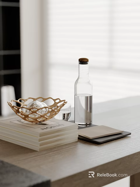 Golden Hollow Bowl And Wooden Capped Glass Bottle Decorative Ornament Set On Stacked Books Tabletop 3d model 