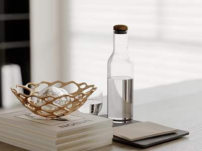 Golden Hollow Bowl And Wooden Capped Glass Bottle Decorative Ornament Set On Stacked Books Tabletop 3d model