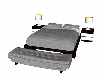 Modern Double Bed With Gray Bedding Nightstands Table Lamps Yellow Lampshades And Bench 3d model