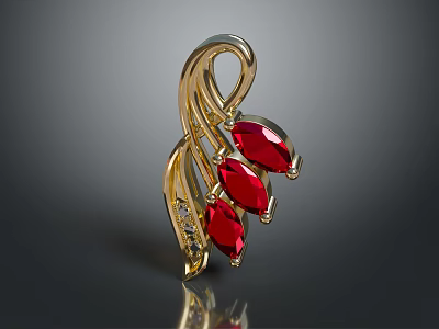 Elegant Golden Brooch With Red Gemstones And Small Diamonds For Clothing 3d model