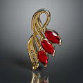 Elegant Golden Brooch With Red Gemstones And Small Diamonds For Clothing