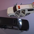 Black SUV and White Van Two Cars with Open Doors and Interior View
