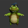 Cute Cartoon Style Green Crocodile Game And Movie Character With Blue Hat Brown Vest