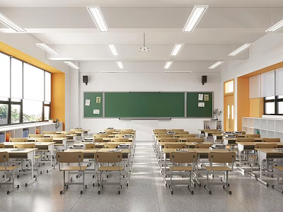 Spacious School Classroom With Wooden Desks Chairs Green Blackboard And Large Windows 3d model